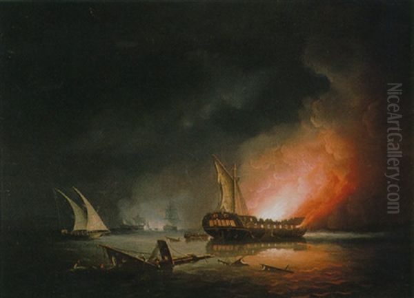 A Frigate On Fire After A Battle - view 1
