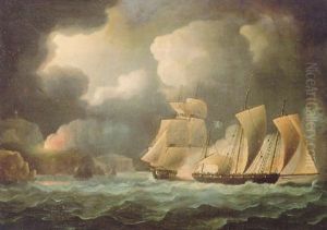 A Royal Navy Brig Closing On A Pirate Lugger by Thomas Buttersworth