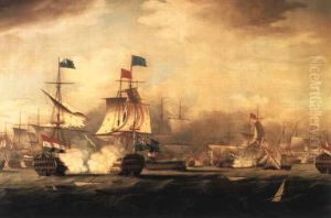 The Battle Of Camperdown, 11 October 1797, The Dutch And English Flagships In Action In The Foreground by Thomas Buttersworth