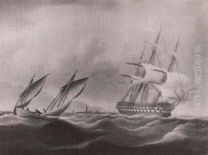 A Two-decker And A Fishing Boat Off A Coastline A Two-decker And A Fishing Boat Off A Coastline