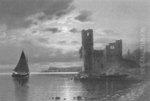 Segelschiff Auf Stiller Seem Bei Einer Ruine Im Mondschein by Joseph Nikolaus Buettler