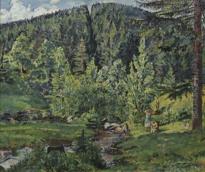 Schwarzwaldlandschaft Mit Zwei Madchen An Einem Bach Am Waldrand by Erich Buettner