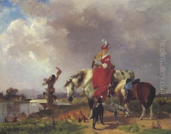 Falknerin Zu Pferd Mit Pagen - view 1