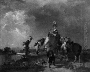 Falkenjagd - Junge, Vornehme Falknerin Zu Pferde Mit Pagen Und Jagdhunden Am Flussufer by Helene Buettner