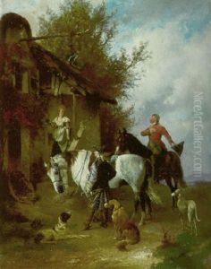 Zwei Kavaliere Zu Pferde Vor Der Bauernschenke by Helene Buettner