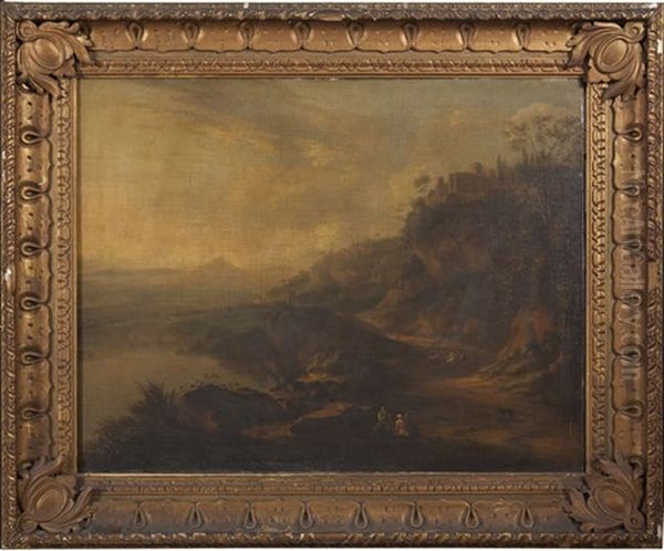 An Extensive River Landscape With Cattle And Sheep And Drives, A Distant Town And Hillside Castle - view 1