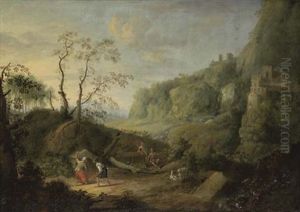 A Mountainous Wooded Landscape With Figures Beside A Tomb In The Foreground, With Buildings Perched On The Edge Of A Rocky Outcrop Beyond by John Butts
