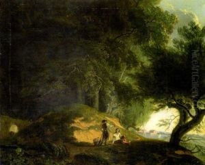 Figures In A Wooded Coastal Landscape by John Butts