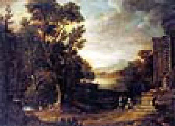 Classical River Landscape With Figures By Ruins - view 1