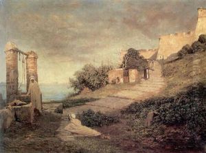 An Extensive Coastal Landscape With Arab Figures By A Well