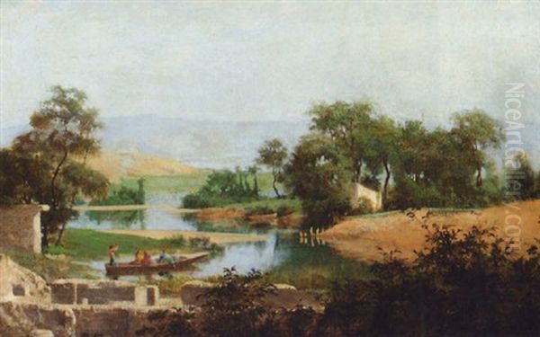 An Italianate River Landscape With Figures Boating Before Ruins - view 1