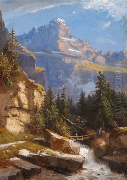 Gebirgslandschaft Mit Bach Und Brucke - view 1