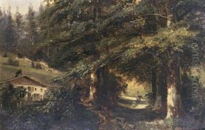 A Swiss Mountain Cottage And Figure by Abraham Louis Buvelot