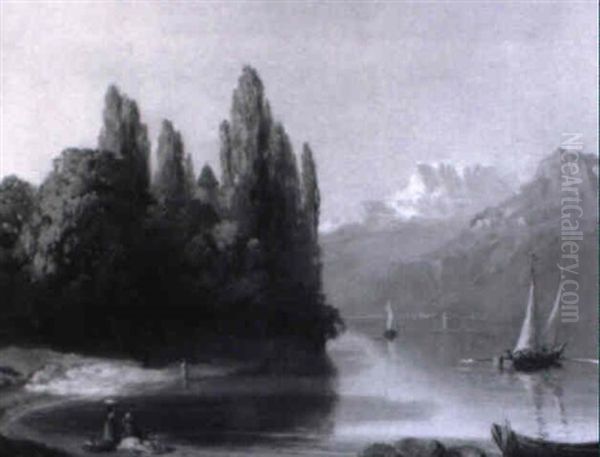 Schweizer Gebirgssee Mit Fischerbooten Auf Dem Wasser - view 1