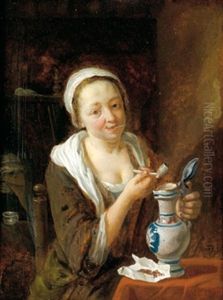 Eine Junge, Pfeiferauchende Frau Mit Einem Weinkrug (+ Ein Alter Mann Die Laute Spielend; Pair) by Cornelis Buys