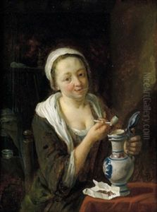 Ein Alter Mann Die Laute Spielend (+ Eine Junge Pfeiferauchende Frau Mit Einem Weinkrug; Pair) by Cornelis Buys