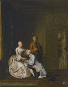 An Interior Scene With A Lady And Two Suitors