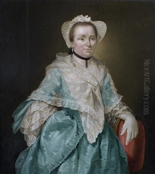 Portrait Of A Lady, In A Blue Silk Dress, A White Lace Shawl And A White Bonnet - view 1