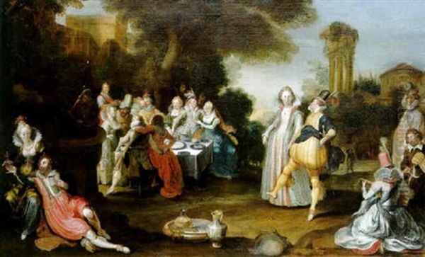 Elegant Company Dinning And Making Music In A Garden - view 1