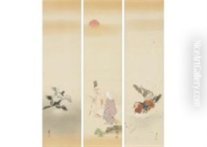 Takasago; Sparrow (a Set Of 3 Scrolls) by Kimura Buzan
