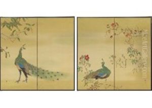 Peacocks In Autumn (a Pair Of 2-panel Byobu Screens) by Kimura Buzan