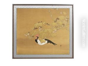 Decorated With A Cockerel And Hen Partly Covered Beneath Over-arching Large Fruiting Foilage, The Veins Of The Leaves Delicately Picked Out In Gold