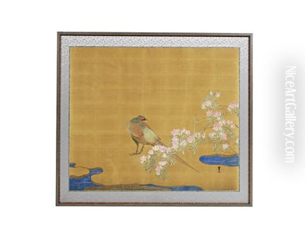 Decorated With A Solitary Pheasant Beside Flowering Azalea Growing Beside A Stream - view 1