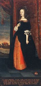 Portrait Of Lady Maria Tork, Wearing A Black Dress With White Cuffs Over A Red Skirt, With A View Of Castle In Background Portrait Of Lady Maria Tork, Wearing A Black Dress With White Cuffs Over A Red Skirt, With A View Of Castle In Background