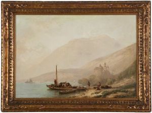 Docked Boat And Figures With A Castle In The Background by Alfred Eduard Agenor de Bylandt