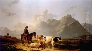 Bauer Mit Huhnerkorb Zu Pferd Mit Vieh Auf Dem Heimweg by Alfred Eduard Agenor de Bylandt