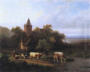 Hirten Mit Kuhen Und Schafen An Der Tranke by Alfred Eduard Agenor de Bylandt