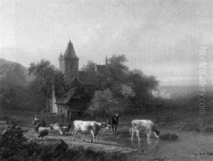 Hirten Mit Kuhen Und Schafen Am Flus Vor Alten Hausen Und Gotischer Kirche