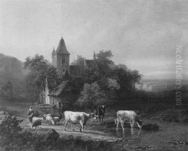 Weite Landschaft Mit Einer Kapelle Und Kuhen Am Wasser - view 1
