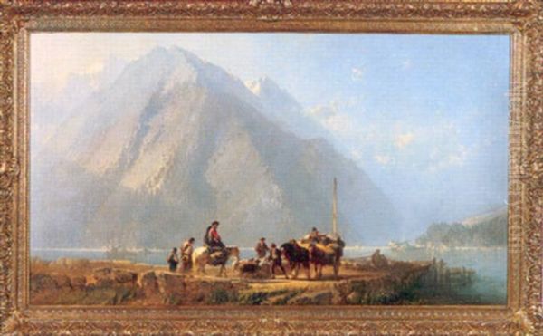 Mountainous Lake Scene With Peasants, Horse Drawn Cart And Flock Of Sheep On A Rocky Road - view 1