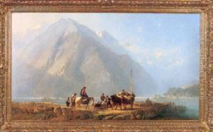 Mountainous Lake Scene With Peasants, Horse Drawn Cart And Flock Of Sheep On A Rocky Road by Alfred Eduard Agenor de Bylandt
