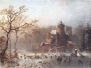 Skaters On A Frozen Lake Near A Castle