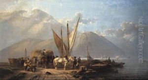 A Mountain Lake Scene With Figures, Horses And Barges In Foreground by Alfred Eduard Agenor de Bylandt