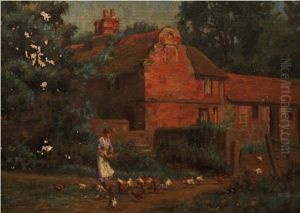 Young Lady Feeding Chickens by William Hounsom Byles