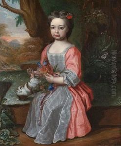 Portrait Of Young Girl In A Pink Dress, Holding A Posy Of Flowers, A Rabbit At Her Side, A Landscape Beyond