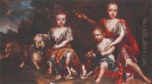 Portrait Of Three Young Children Seated In A Landscape, One With A King Charles Spaniel, The Other Petting A Lamb by Edward Byng