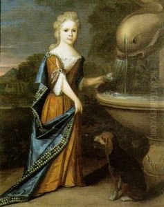 Portrait Of A Lady By A Fountain, A Dog At Her Side