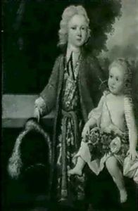 Portrait Of A Young Boy, Standing Full Length In A Red Coat,and Gold Embroidered Waistcoat, With His Younger Brother...