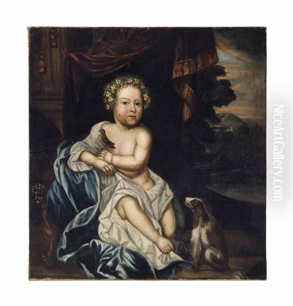 Portrait Of A Young Boy In A White And Blue Wrap, A Bird Resting On His Hand, A Spaniel At His Side, In A Landscape - view 1