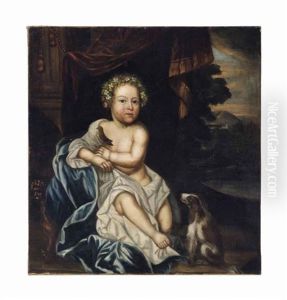 Portrait Of A Young Boy In A White And Blue Wrap, A Bird Resting On His Hand, A Spaniel At His Side, In A Landscape by Robert Byng or Bing