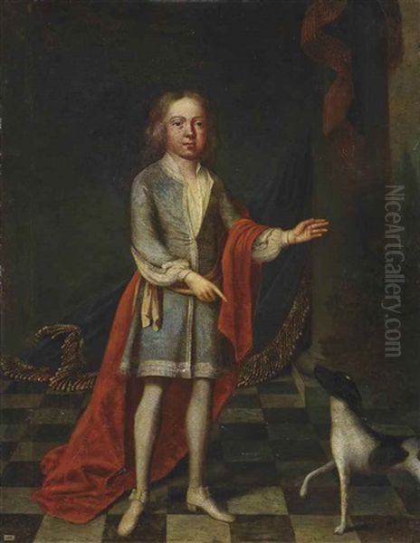 Portrait Of A Young Boy, Full-length, In A Blue Coat And Red Wrap, With A Spaniel, In An Interior - view 1