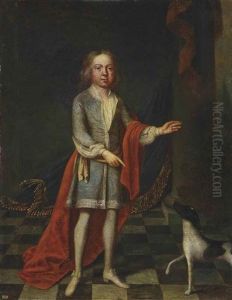 Portrait Of A Young Boy, Full-length, In A Blue Coat And Red Wrap, With A Spaniel, In An Interior by Robert Byng or Bing