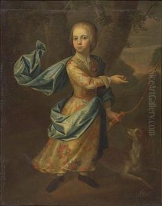 A Portrait Of A Boy, Full-length, Wearing An Embroidered Coat Holding A Bow With His Dog By His Side