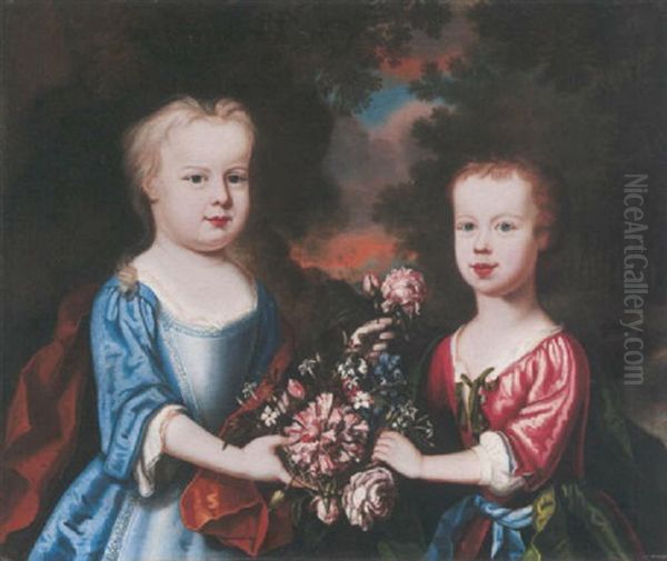 Portrait Of Two Children With Flowers In A Landscape, One Wearing A Red Dress, The Other A Blue Dress, Both Holding A Garland Of Flowers - view 1