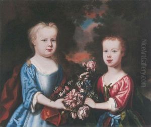 Portrait Of Two Children With Flowers In A Landscape, One Wearing A Red Dress, The Other A Blue Dress, Both Holding A Garland Of Flowers by Robert Byng or Bing