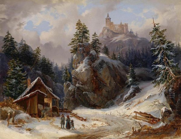 Encounterin A Winter Landscape Beneath The Ruins Of A Castle - view 1
